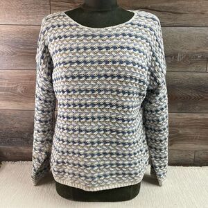 Vintage B.Moss Cable Knit Long Sleeve Cotton Sweater Size Medium Blue Tan